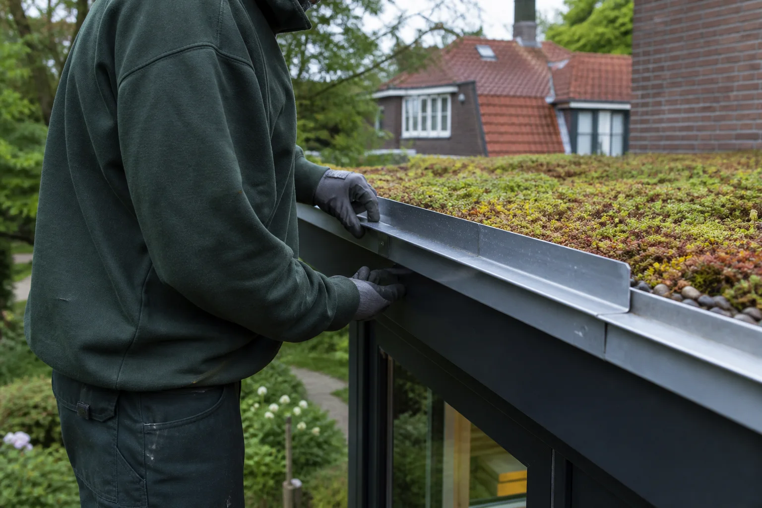 Vakman controleert de dakrand en afwatering van een sedumdak